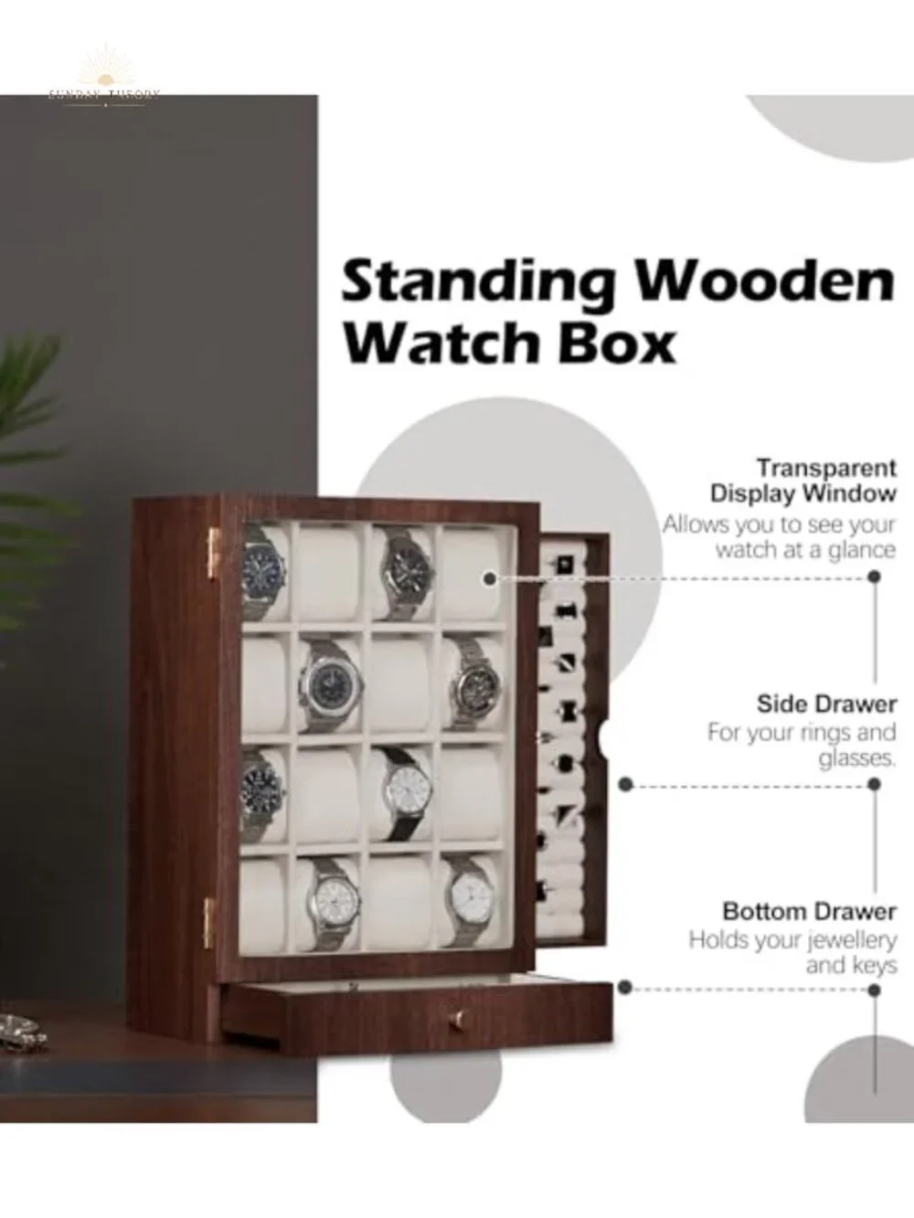 Wooden Watch Box with 16 Slots for Men Jewelry Display Case